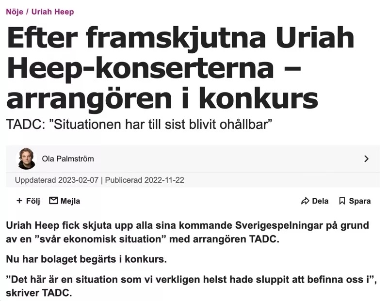 Tickster uriah heep TADC konkurs återbetalning