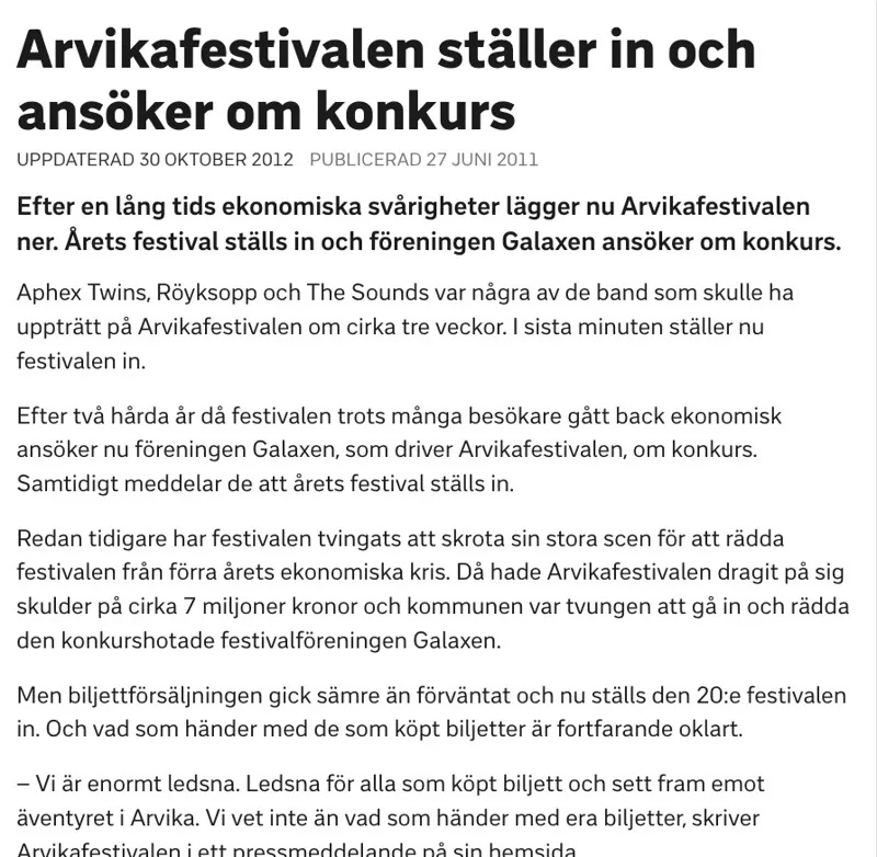 Tickster arvikafestivalen konkurs återbetalning